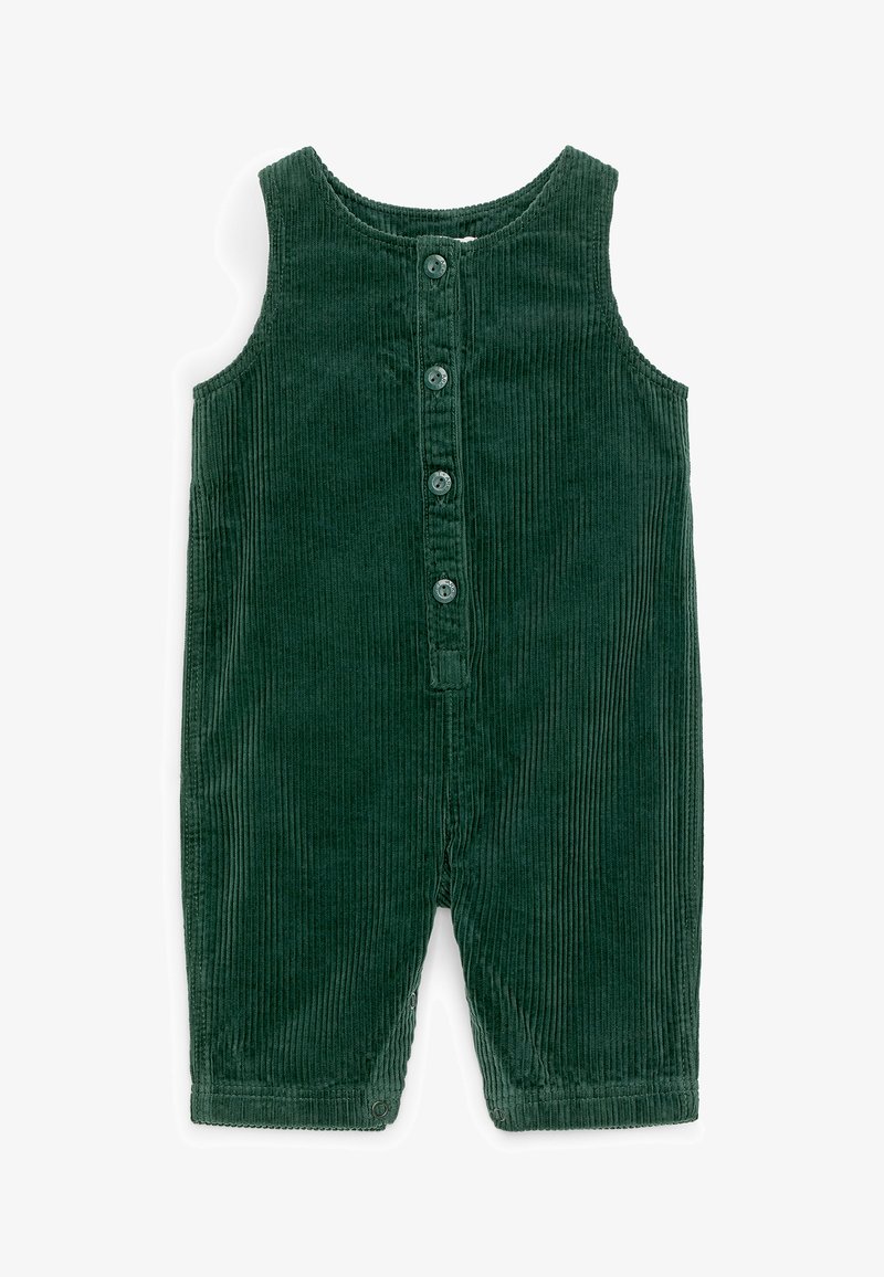 Combinaison bébé sans manches en velours côtelé vert foncé avec fermeture par boutons à l’avant et pressions aux jambes pour un change facile.