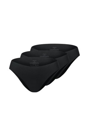 Drei schwarze Bikini-Unterhosen für Frauen mit mittelschichtigen Bundhöhen, gestaffelt auf einem weißen Hintergrund angeordnet.