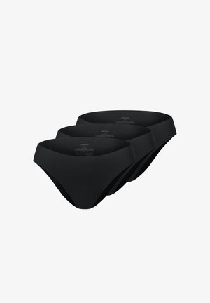 Drei schwarze Bikini-Unterhosen für Frauen mit mittelschichtigen Bundhöhen, gestaffelt auf einem weißen Hintergrund angeordnet.