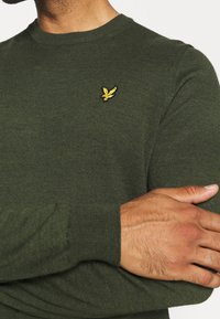 Pull en tricot vert à col rond, orné d'un petit emblème d'oiseau jaune brodé sur la poitrine. Manches longues et détails de poignets côtelés.