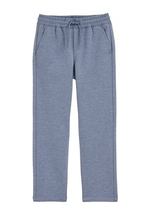 Pantalon de jogging bleu à taille élastique avec poches latérales et cordon, coupe droite, fabriqué en tissu doux texturé.