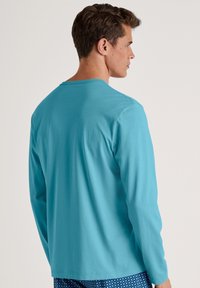Langarmshirt van effen lichtblauwe stof, met een ronde hals en een ontspannen pasvorm. De textuur van het materiaal lijkt glad, zacht en lichtgewicht.