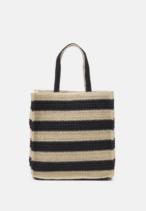 Tkana torba na ramię w poziome paski w kolorach czarnym i beżowym oraz z dwoma czarnymi uchwytami, wykonana z teksturowanego naturalnego włókna.