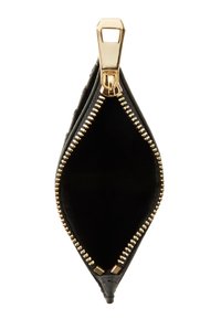 Black leather pouch with a gold zipper, teardrop shape, smooth texture, and a solid black interior. Zipper pull has a square design.