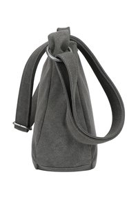 Borsa grigia texturizzata con una forma conica, dotata di un esterno in tessuto, una tracolla lucida regolabile e un accent ring in tonalità argento nella parte superiore.