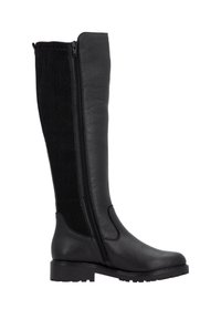Zwarte laarzen tot de knie gemaakt van soepel leer met een panel van gestructureerde stof. Voorzien van een zijrits en een stevige rubberen zool.