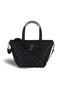 Sac à main noir en cuir texturé. Il dispose de deux poignées supérieures, d'une bandoulière amovible et d'un accent logo doré. Design en motif de diamant.