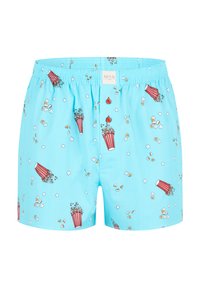 Himmelblå boxershorts med en print som har popcorn och film-tema. Elastiskt midjeband med två röda knappar och en slät tygtextur.