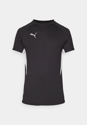 Čierne športové tričko s krátkym rukávom, ktoré má biele bočné akcenty a strieborné logo. Vyrobené z ľahkej, hladkej látky s dizajnom okrúhleho výstrihu.