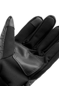 Zwarte handschoenen met een gestructureerd gripgebied op de palm, gladde stof op de vingers en gevoerde accenten op de rug voor warmte.