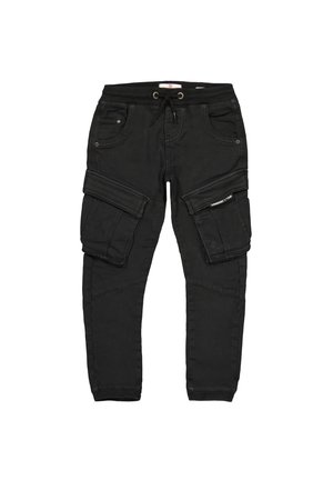 Czarne spodnie cargo wykonane z denimu, z wieloma bocznymi kieszeniami, dopasowanym krojem, elastycznym pasem ze ściągaczem oraz wzmocnionymi szwami.