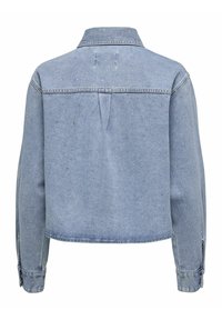 Light blue denim jacket featuring a collared neckline, back pleat, and decorative silver studs scattered across the fabric.