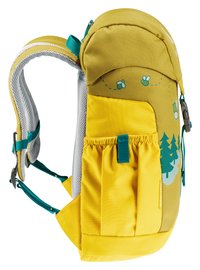 Backpack with a yellow and olive green fabric, mesh straps, tree and bee graphics. Features multiple pockets and adjustable straps.