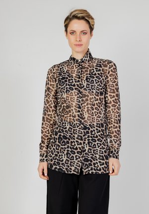 Blouse met luipaardprint van doorschijnende stof, met een klassieke kraag, knoopsluiting, lange mouwen en een ontspannen pasvorm. Zwart en bruin kleurenschema.