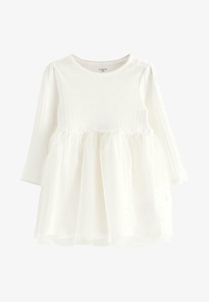 Vestido blanco para bebé con parte superior de manga larga acanalada y falda de tul suave, escote redondo y cierres de botones en los hombros.