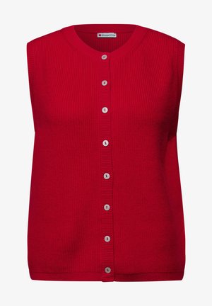 Rote ärmellose Strickjacke aus strukturiertem Strickstoff mit runder Ausschnitt und acht weißen Knöpfen auf der Vorderseite.
