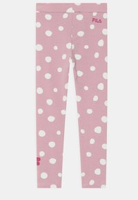 Leggings rosa realizzati in tessuto morbido, con pois bianchi irregolari e un piccolo logo rosa sulla vita.