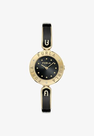 Furla ročna ura s črnim številčnico, zlato ohišje in črno usnjeno zapestnico. Značilnosti vključujejo zlate ure in logotipne akcentne detajle.