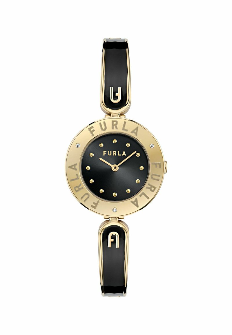 Reloj de pulsera Furla con una esfera negra, caja en tono dorado y correa de cuero negro. Sus características incluyen marcadores de hora dorados y acentos del logotipo.