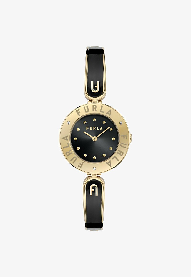 Furla käekell musta kellaseina, kuldse korpuse ja musta nahkrihmaga. Omadusteks on kuldsed tundemärgid ja logo aktsendid.