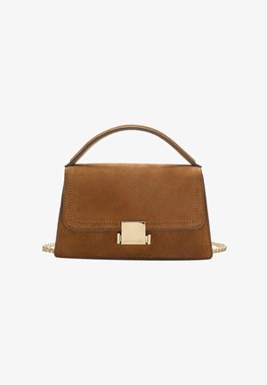 Brown suede handbag with a gold square clasp, top handle, and chain strap. Features a rectangular shape and rounded edges.