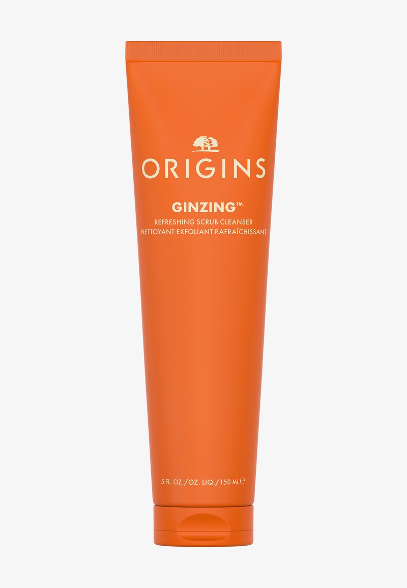 Tube orange avec l'étiquette "Origins GINZING™". Contient 150 ml de gommage nettoyant rafraîchissant avec une finition plastique lisse et un bouchon à bascule.