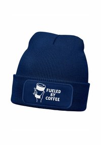 Knitted navy beanie featuring a rectangular patch with white text "FUELED BY COFFEE" and a graphic of a coffee cup. Textured ribbed design.