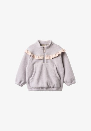 Pullover grigio in pile con mezza cerniera, dettaglio arricciato rosa lungo lo scollo, maniche lunghe e una tasca a marsupio frontale. Tessuto morbido e strutturato.