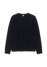 Schwarzer Rundhalsausschnitt-Pullover aus weichem Stoff. Verfügt über lange Ärmel und gerippte Bündchen. Einfaches Design ohne sichtbare Muster oder Akzente.