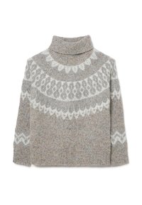 Pull en maille gris à col roulé présentant un motif fair isle en blanc, avec un col et des poignets côtelés, fabriqué à partir d'un tissu en mélange de laine texturé.