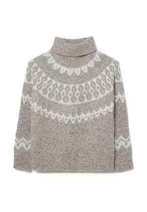 Grijze gebreide coltrui met een fair isle patroon in witte kleuren, voorzien van een geribde kraag en manchetten, gemaakt van een textuurrijke wolmix.