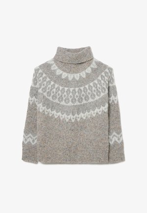 Grijze gebreide coltrui met een fair isle patroon in witte kleuren, voorzien van een geribde kraag en manchetten, gemaakt van een textuurrijke wolmix.
