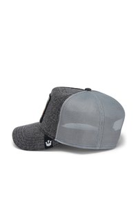 Gray cap featuring a fabric front with a textured finish, a mesh back, curved brim, and a logo patch on the side.
