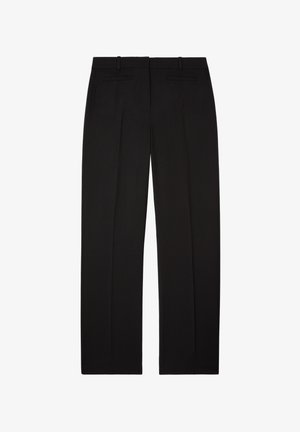 Pantalon de costume noir à jambes droites avec deux poches passepoilées à l'arrière, présenté à plat sur un fond blanc.