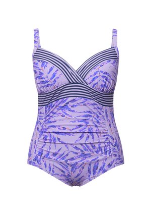 Costume da bagno viola con un motivo floreale a foglie, strisce orizzontali blu navy sotto il busto e spalline regolabili. Texture liscia e design aderente.