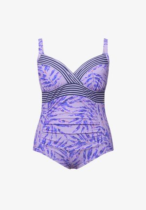 Paarse zwempak met een bloem-bladpatroon, horizontale marineblauwe strepen onder de buste en verstelbare schouderbandjes. Soepele textuur en aansluitend ontwerp.