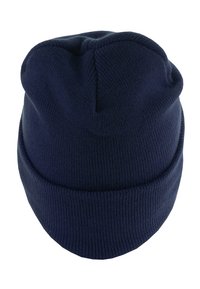 Bonnet en tricot bleu marine avec revers, conçu pour la chaleur et un port décontracté.
