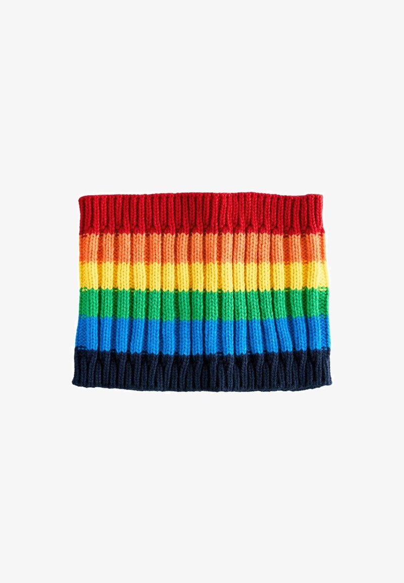 Sciarpa infinita lavorata a maglia con strisce orizzontali in rosso, arancione, giallo, verde, blu e blu scuro. Design a coste testurizzato in tutta la sciarpa.