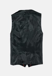 Schwarze Satinweste mit elegantem Design, V-förmigem unteren Saum und einer Schnallendetail auf der Rückseite für eine anpassbare Passform.