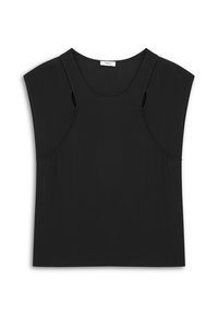 Top nero senza maniche con scollatura rotonda, caratterizzato da dettagli a taglio sulle spalle. Realizzato in un tessuto liscio e elasticizzato.