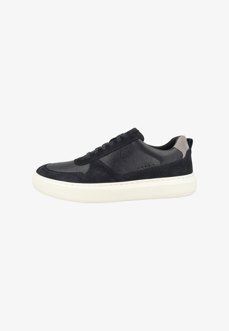 Zapatillas para hombre en cuero y nobuk azul marino oscuro, con una suela de goma blanca en contraste y cordones en la parte delantera. Presenta paneles suaves y texturizados.