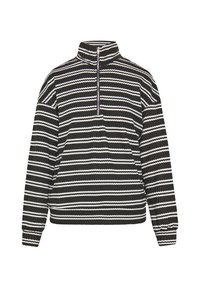 Pullover con zip di colore nero con strisce bianche e azzurre chiare. Presenta un colletto alto e una texture a coste per un maggiore calore.