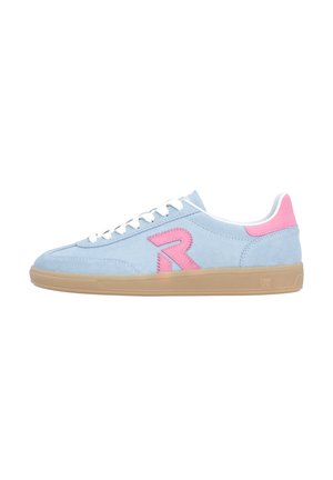 Blue suede sneaker with pink accents and white laces. Features a rounded toe and a gum rubber sole. Side logo in pink.