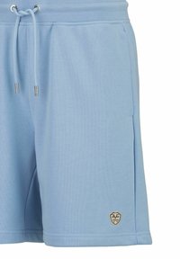 Lichtblauwe sportshorts van zacht materiaal, met een elastische tailleband met koord en zijzakken. Klein logo-label aan de zoom.