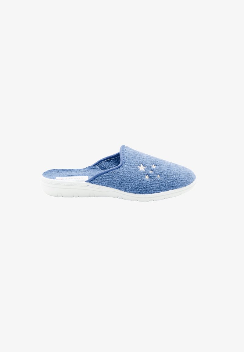 Zapato de tela azul tipo slip-on con suela blanca, que presenta acentos en forma de estrella y una superficie texturizada. Diseño ligero y flexible.