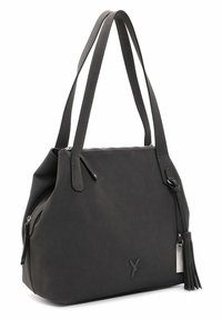 Sac à main gris texturé avec doubles poignées, fermeture zippée sur le dessus, poches latérales et accent à pompon ; orné d'un logo sur le devant.