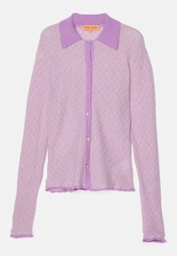 Lilac knitted cardigan with a collared neckline, six button closures, and frayed hem details, featuring a soft texture and subtle pattern.
