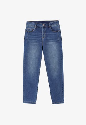 Modre kavbojke s ravnim krojem, petimi žepi in gumbom za zapiranje. Imajo pošvicane podrobnosti in standardno robljenje.