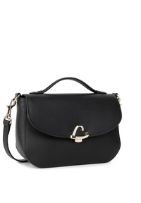 Borsa a tracolla in pelle nera con un design strutturato, pattina curva e chiusura a cuore dorato. Include una tracolla e un manico superiore.