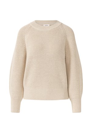 Adīts džemperis gaiši bežā krāsā ar apaļu kakla izgriezumu, ribotām piedurknēm un apakšmalu, kā arī teksturētu apdari. Iezīmējas ar platām, nedaudz pūkām piedurknēm.